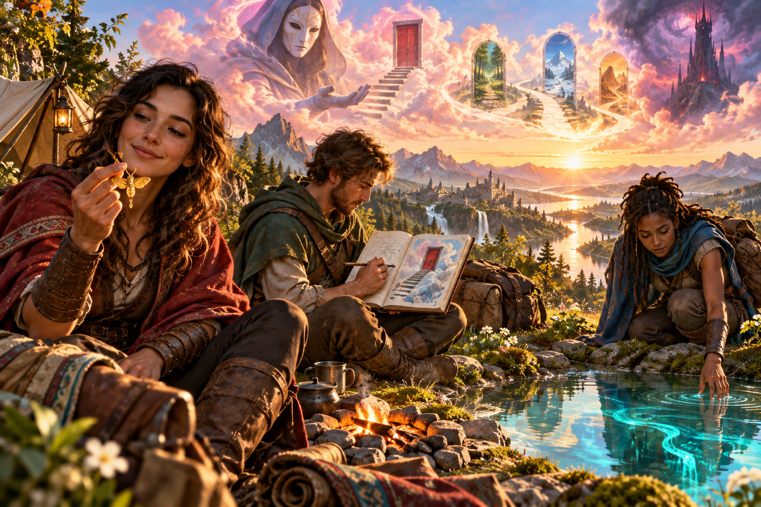 Fantasy illustration of characters beside a waking campsite and pool with a lingering golden moth, journal and dream doorway overhead