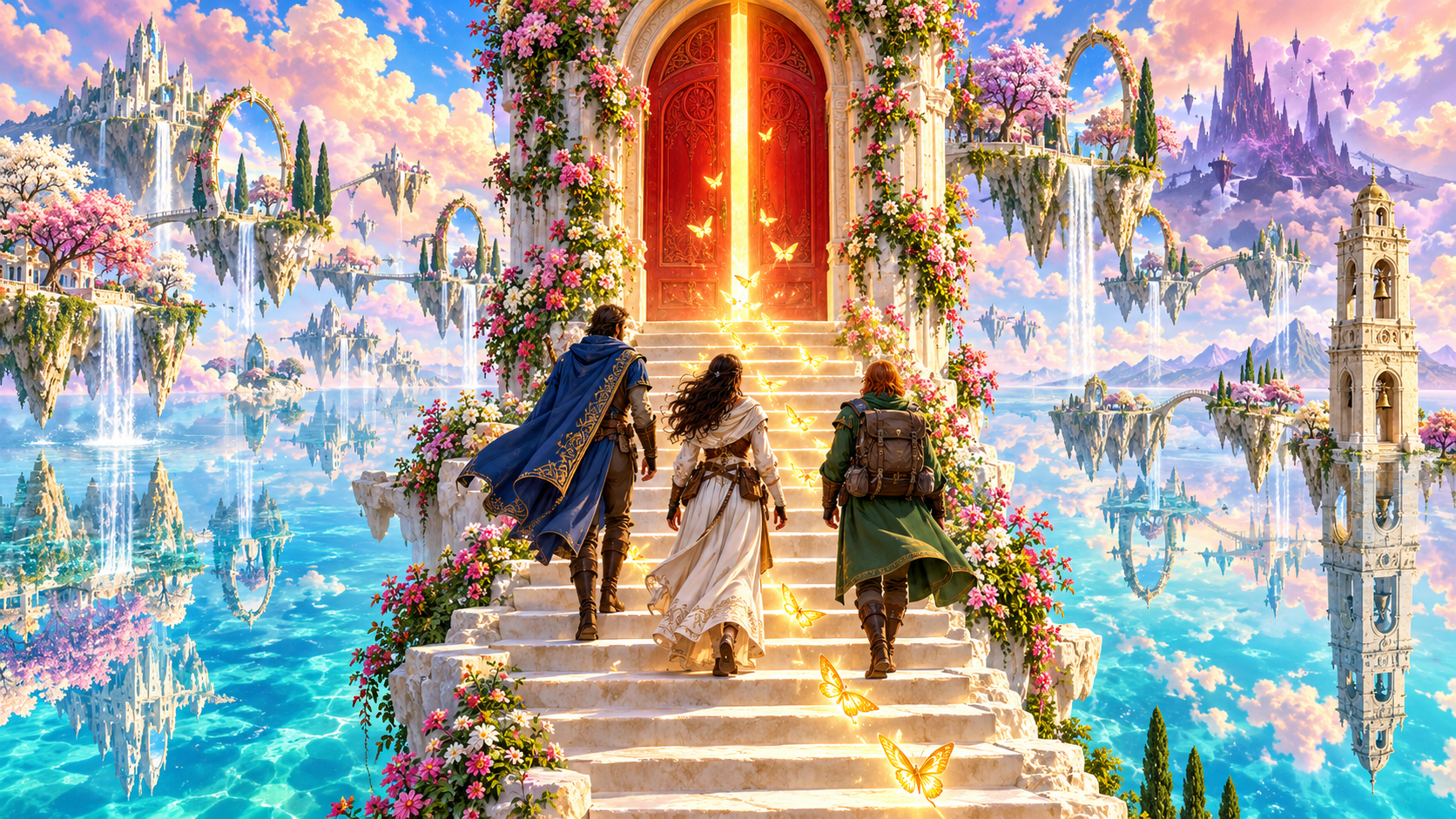 Fantasy illustration of a party following golden moths towards a red dream door among floating islands and reflected towers
