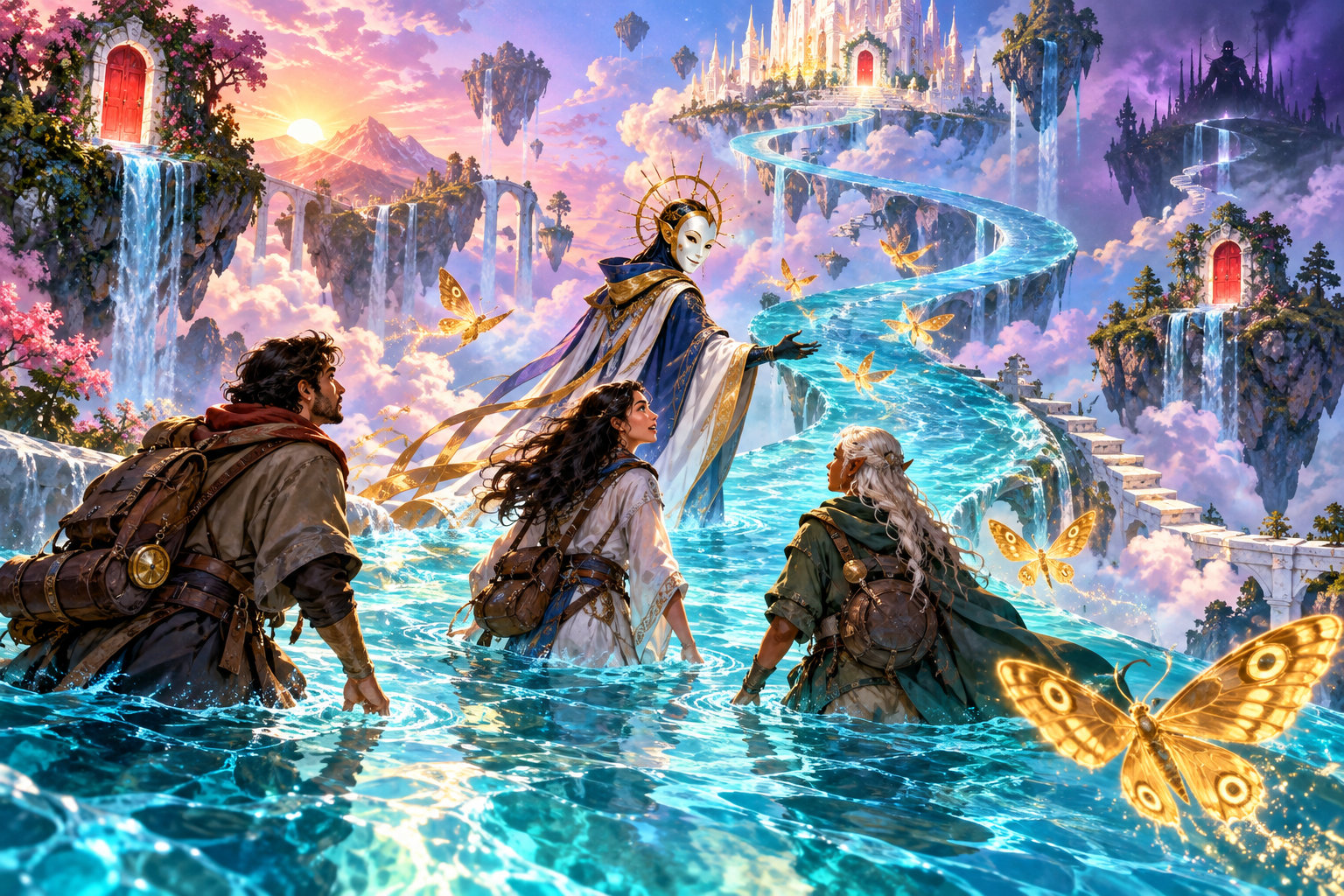 Fantasy illustration of a masked guide and golden moths leading characters beside an impossible river between a bright castle and a nightmare castle