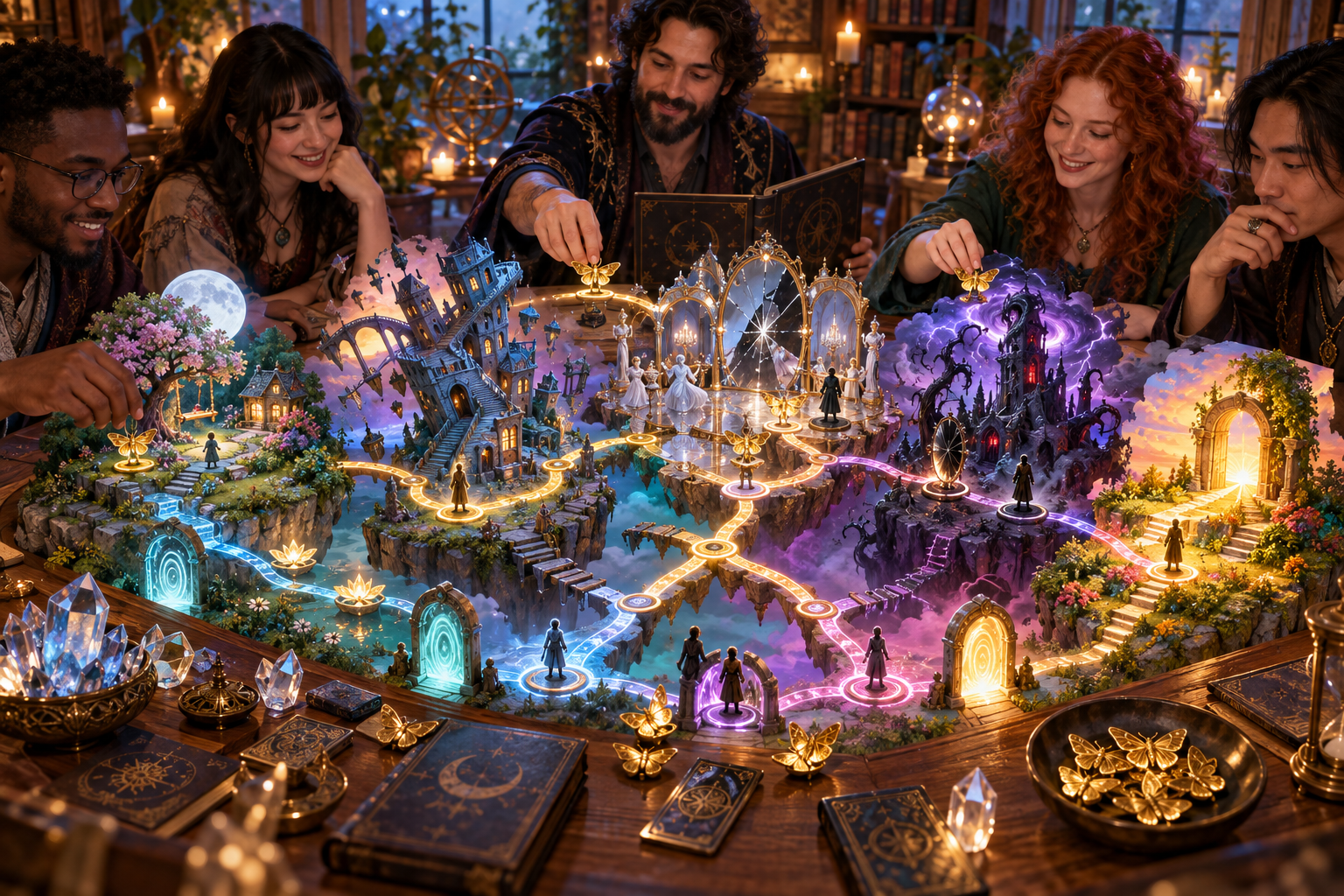 Fantasy illustration of a tabletop group reviewing linked dream scenes, reflections, a nightmare tower and awakening portals